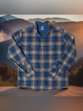 Kuhl Fugitive Flannel Shirt Mens L Blue Yellow Plaid Long Sleeve Button Up 7202